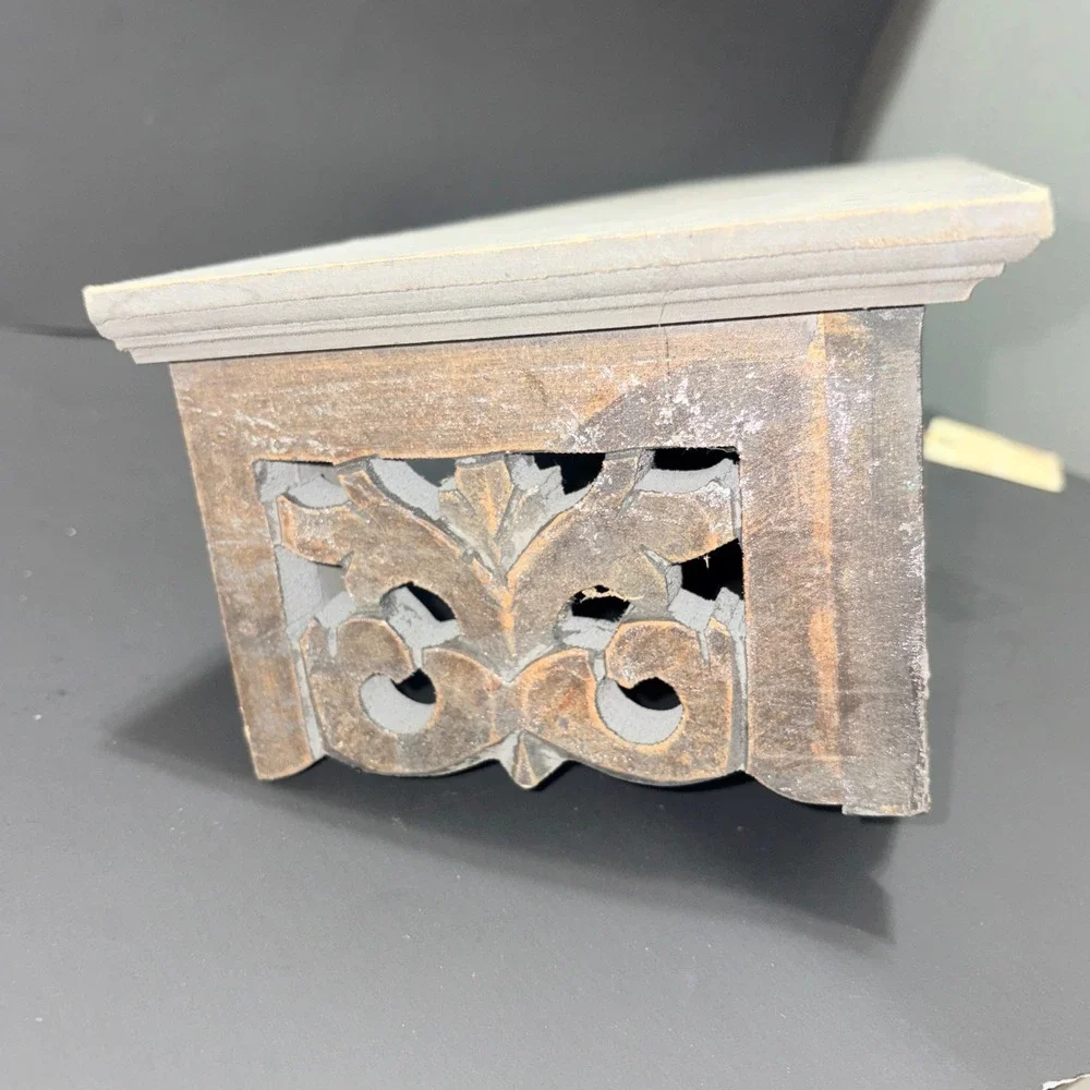 Handcrafted Indian Wood Wall Shelf Ornate Carved Scrollwork Distressed Grey 24in